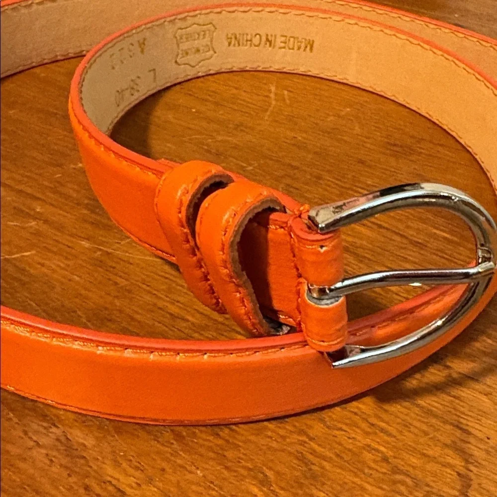 Bright Orange Genuine Leather Vintage 90s Belt Silver Buckle Large 36/38/40 - Picture 12 of 15